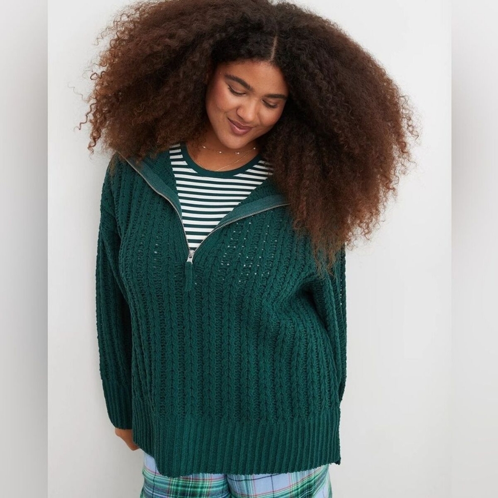 aerie Deep Green Quarter-Zip Cable Knit Sweater